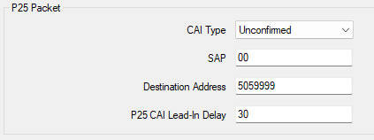 Tait programming application, Tait Radio API, RF Modems tab, P25 Packet box: CAI Type Unconfirmed; SAP 00; Destination Address 5059999; P25 CAI Lead-In Delay 30.
